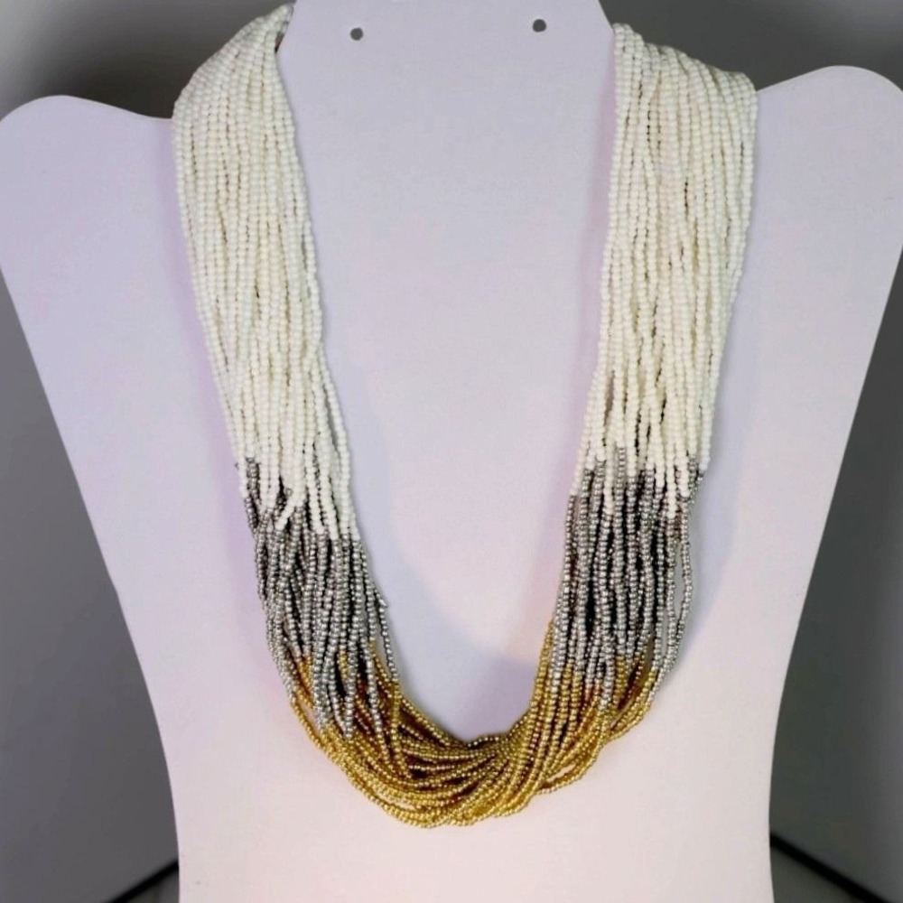 Talbots NOS Multi Strand White Silver Gold Ombre Glass Seed Bead Collar Necklace